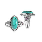 Handmade sterling silver Turquoise Shell & Amethyst Quartz Cabochon ring with beadwork and Amethyst Quartz accents, artisan Bali jewelry.